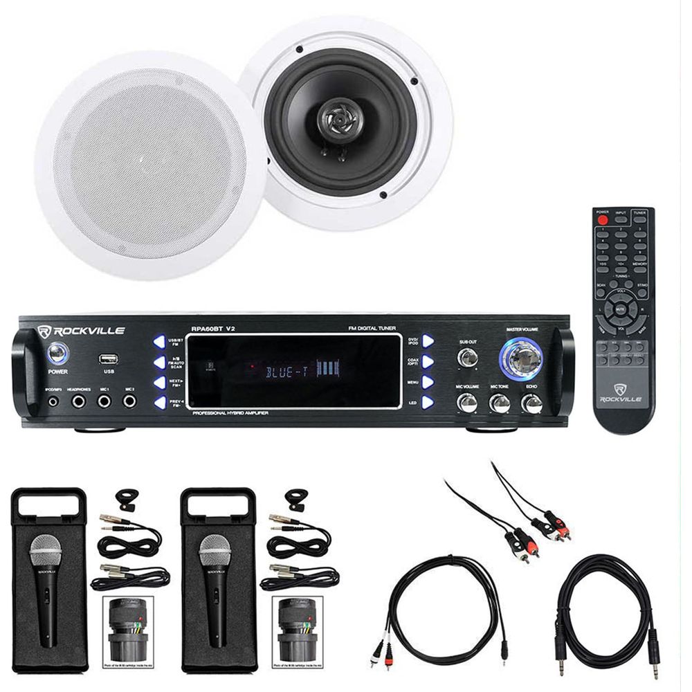 1000w Karaoke Bluetooth Amp/Mixer+(2) Ceiling Speakers+(2) Microphones
