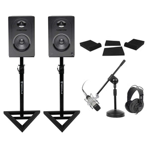 Pair Samson M50 5" Active Studio Monitors+Stands+Pads+Headphones+Mic+Boom Stand