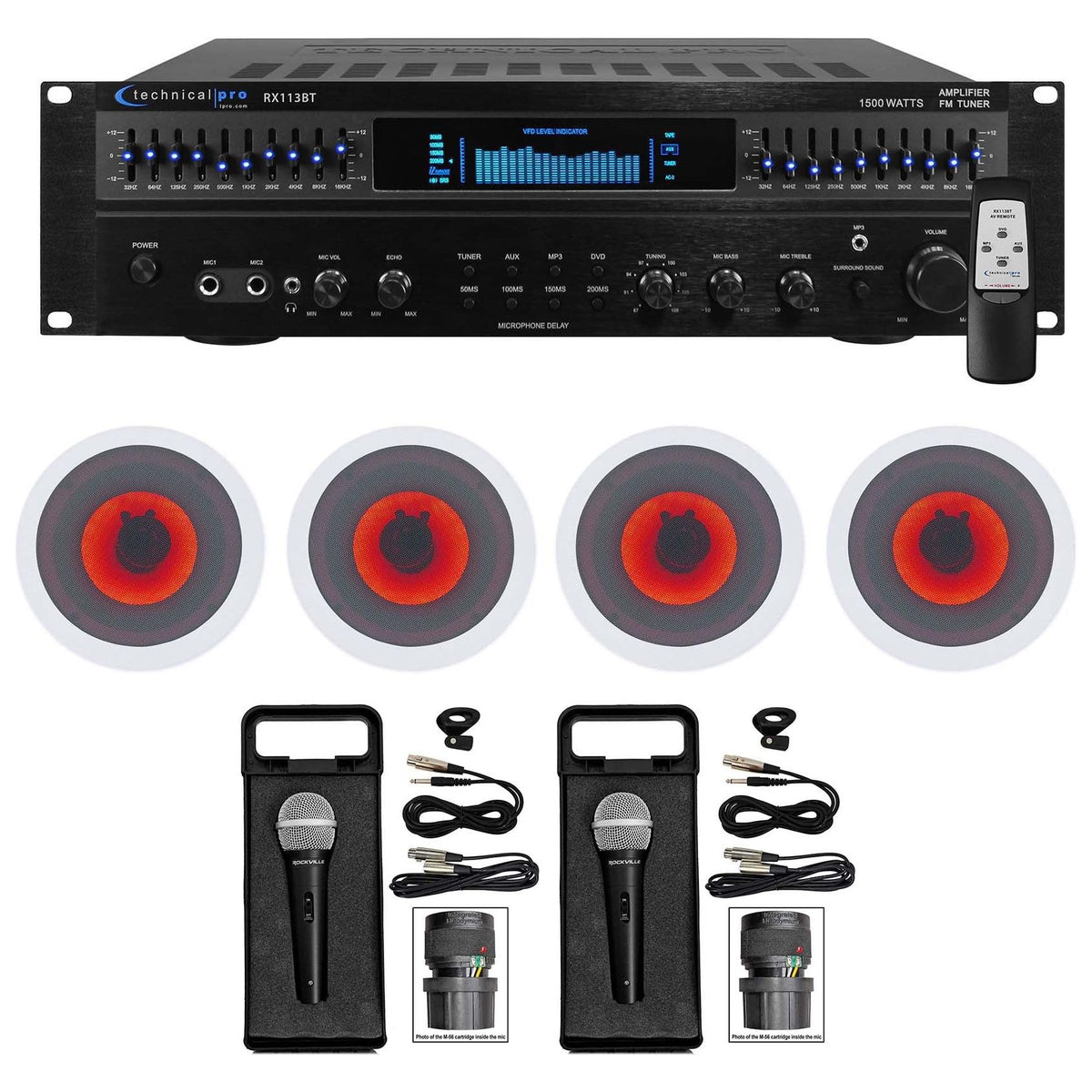 1500w Home Karaoke Machine System Bundle with (4) 6.5" LED Ceiling Speakers