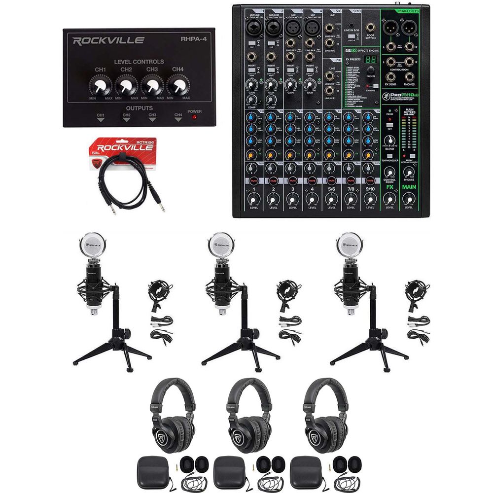 3-Person Podcast Recording Kit with ProFX10 v3 Mixer and Desk Stands