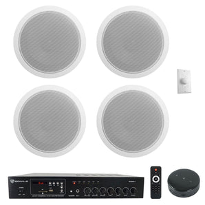 Rockville Commercial Amp+Wifi Receiver+4) 6" White Ceiling Speakers+Wall Control