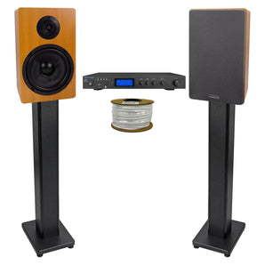 Technical Pro IA25U Receiver+(2) 6.5" Wood Bookshelf Speakers+36" Wood Stands