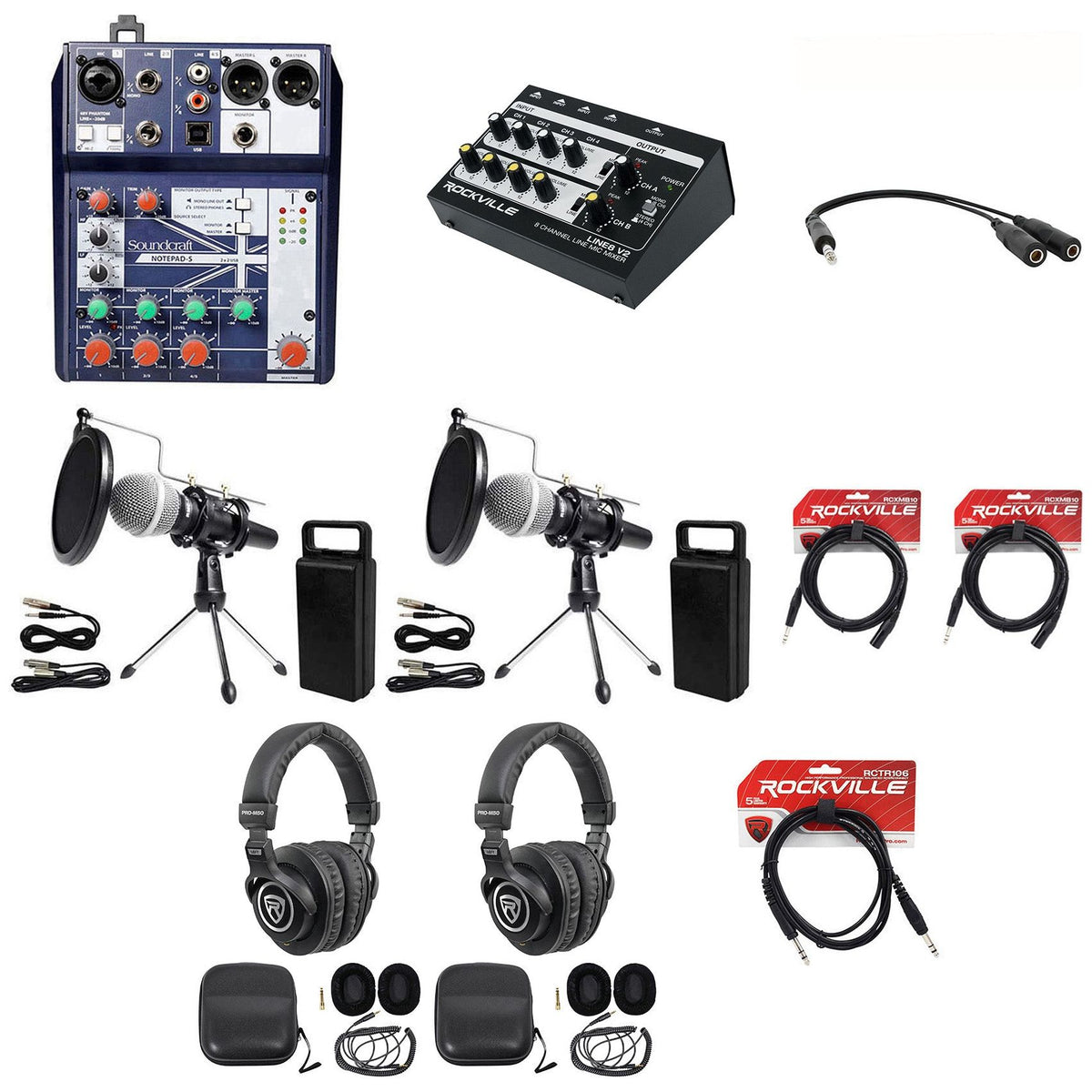2-Person Podcast Recording Kit With Mics, Stands, Headphones