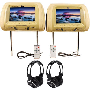 Pair of Tview T726PL-TN 7" Tan Pair Car Headrest Monitors + 2 Wireless Headsets