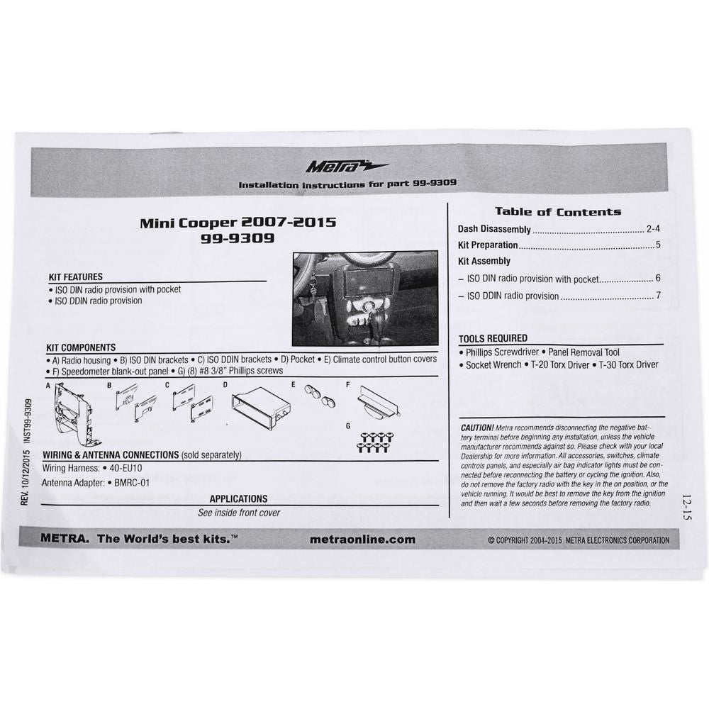 Metra 99-9309 Single/Double-Din Stereo Dash Install Kit for 07-10 Mini Cooper