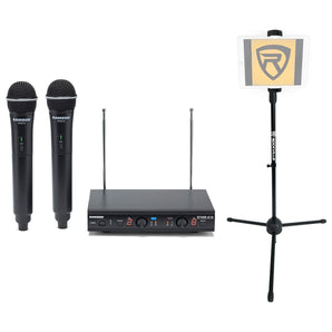 Samson Dual VHF Wireless Karaoke Vocal Microphones Mics+Tablet/Smartphone Stand