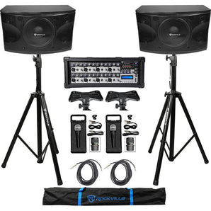 2) Rockville KPS12 12" 3-Way 1600w Karaoke Speakers+Mixer+Tripod Stands+(2) Mics