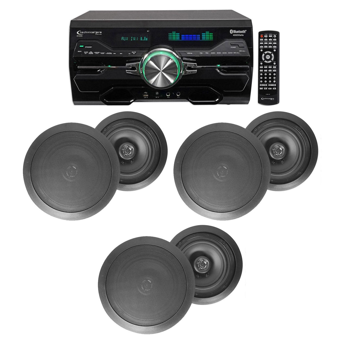 4000W Home Theater DVD Receiver w/Bluetooth/USB & (6) Black 6.5" Ceiling Speakers