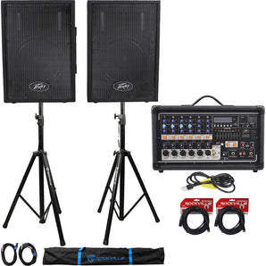 Peavey Pvi6500 400 Watt 6-Channel Powered Live Sound Mixer+PVi10's+Stands+Cables
