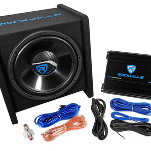 Rockville RV12.1C 600w 12" Loaded Car Subwoofer Enclosure+Mono Amplifier+Amp Kit