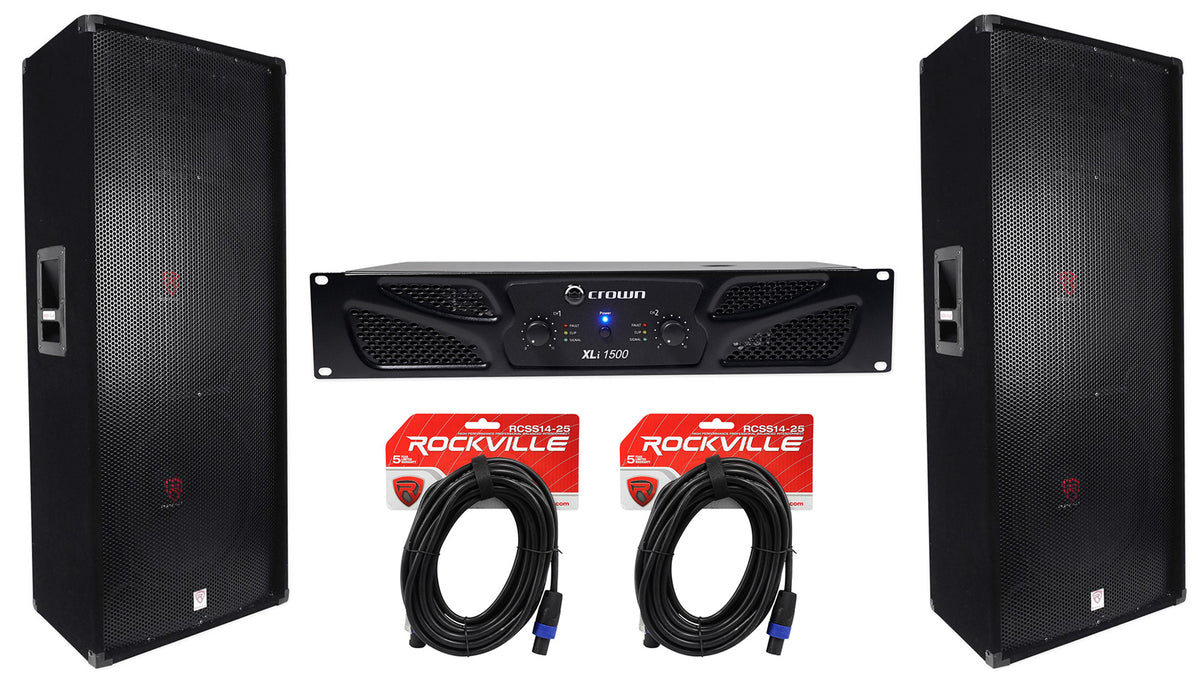 Crown XLi1500 Amplifier + (2) Rockville RSG15.28 Dual-15in Speakers + Cables