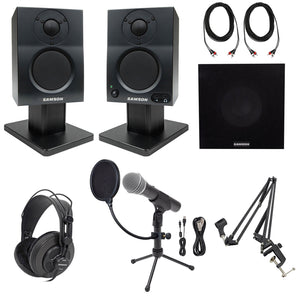 2) Samson 3" Podcasting Podcast Recording Monitors+Stands+Sub+Headphones+USB Mic