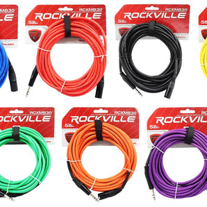 7 Rockville 30' Male REAN XLR to 1/4'' TRS Balanced Cable OFC (7 Colors)