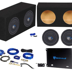 2) Rockville K5 W8K5S4 8" 800w Subwoofers+Sealed Sub Box+Mono Amplifier+Wires