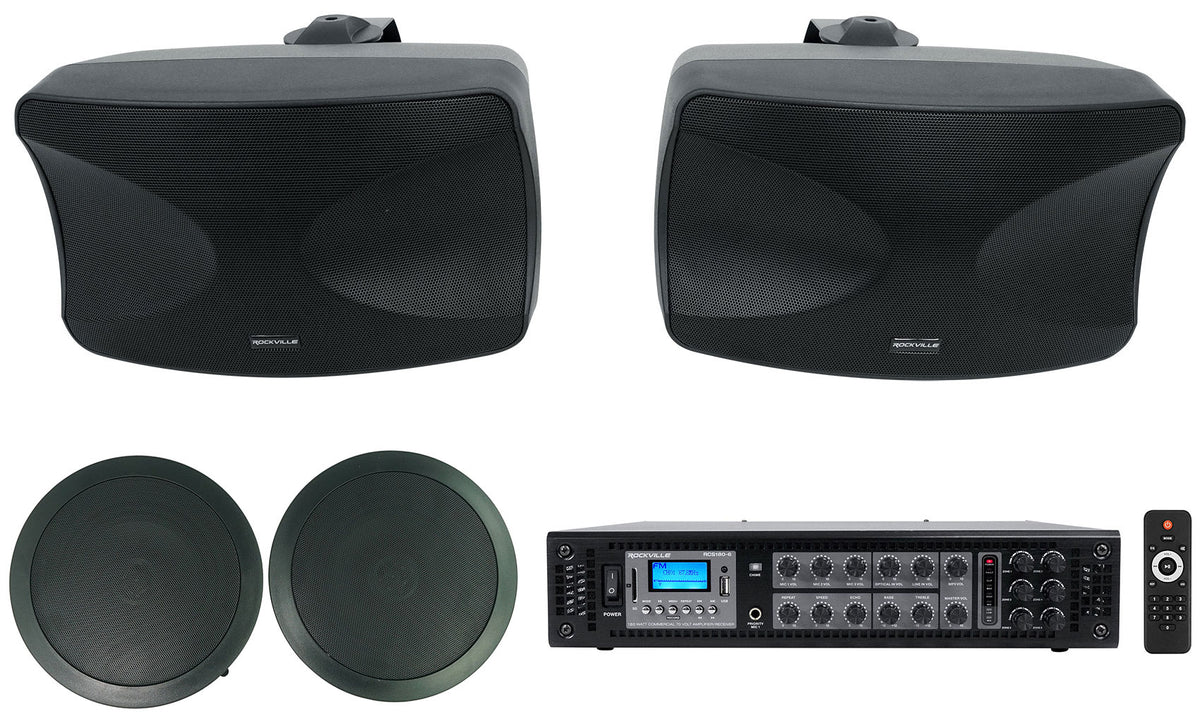2 WET-44 PRO Wall Swivel + 2 In-Ceiling 70V Black Speakers + Amp
