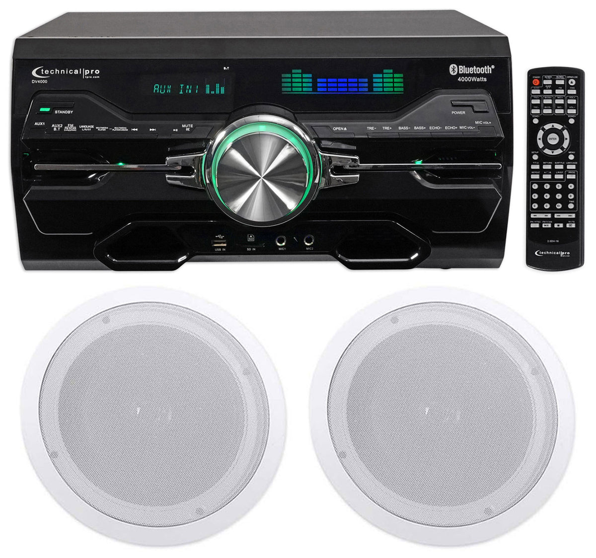 4000W Bluetooth DVD Receiver with (1) Pair 8" White In-Ceiling Speakers