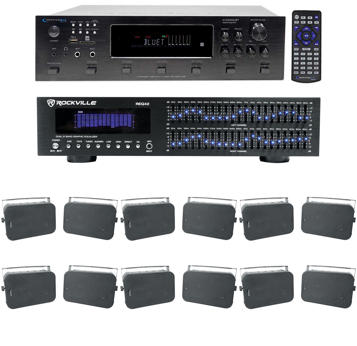 6000W 6-Zone Home Theater Bluetooth Receiver + (12) 6.5" Black Speakers + EQ
