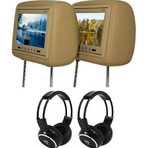 Pair Of TView T921PL 9" Beige/Tan Car Headrest Video Monitors+2 Wireless Headset