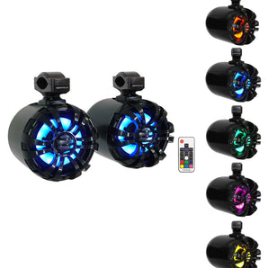 2) Rockville WB65KLED 6.5" 600w Black Marine Wakeboard LED Tower Speakers+Remote