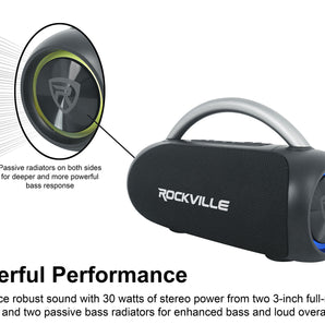 Rockville RPB-D3 Loud Water Resistant Portable Bluetooth Speaker Party Boombox