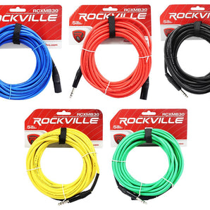 5 Rockville 30' Male REAN XLR to 1/4'' TRS Balanced Cable OFC (5 Colors)