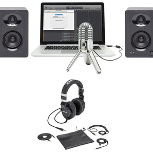 Samson Podcast Podcasting Microphone+Z55 Headphones+Pair Monitor Speakers