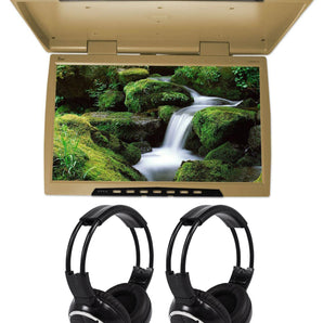 TVIEW 24" Beige/Tan Wide Screen Flip Down Car Video Monitor +2 Wireless Headsets