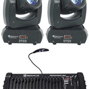 (2) Rockville Rock Beam DC DJ Club Stage Pro Moving Head Lights+DMX Controller