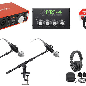 Focusrite Podcasting Podcast Recording Bundle w/ (2) Mics+Headphones+Booms