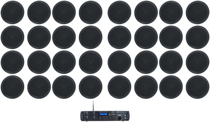 Rock Zone 8 Ch. Multi Room Receiver+(32) 5.25" Black Ceiling Speakers