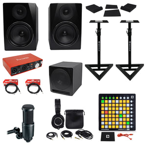 Focusrite Interface+LaunchPad+Audio Technica Mic+Headphones+2) 6.5" Monitors+Sub