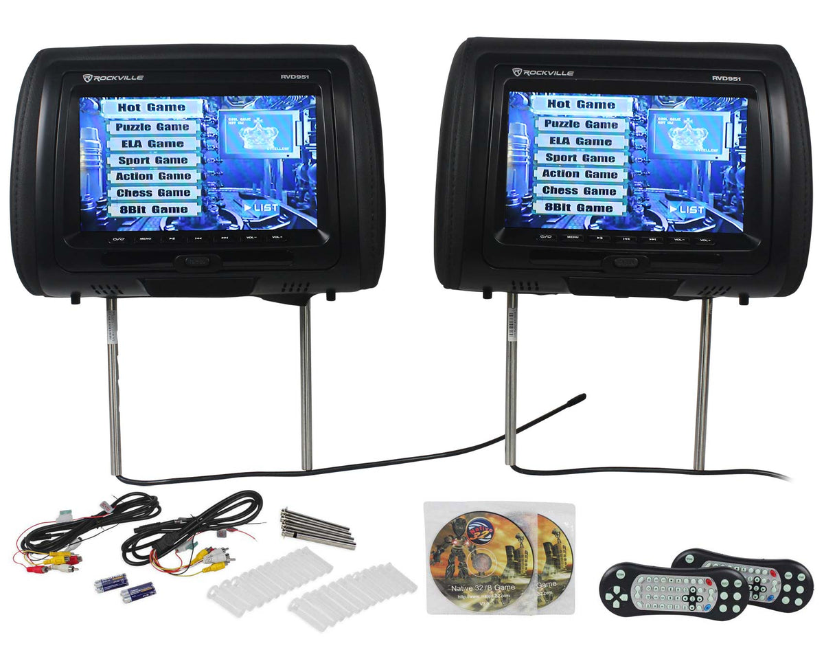 Rockville RVD951-BK 9” Black Dual DVD/USB/HDMI/SD Car Headrest Monitors + Games