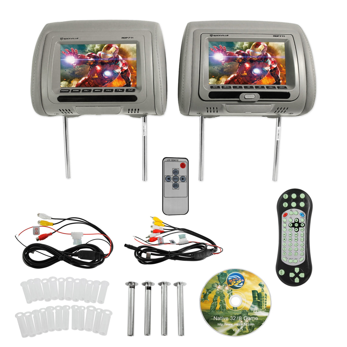 Rockville RDP711-GR 7” Grey Car Headrest Monitors w/DVD Player/USB/HDMI+Games+SD