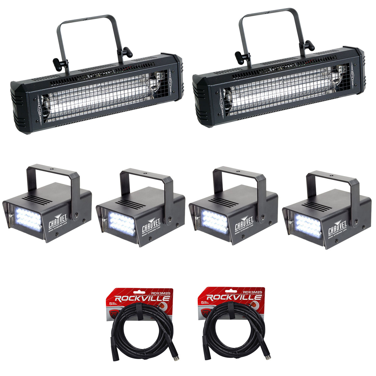 (2) Mega Flash DMX 800W Strobe Lights + (4) Mini LED Strobes + (2) DMX Cables