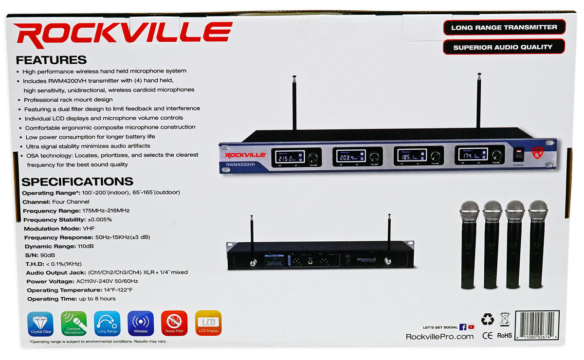 Rockville RWM4200VH VHF Wireless Quad HandHeld Microphone System w LCD Display!