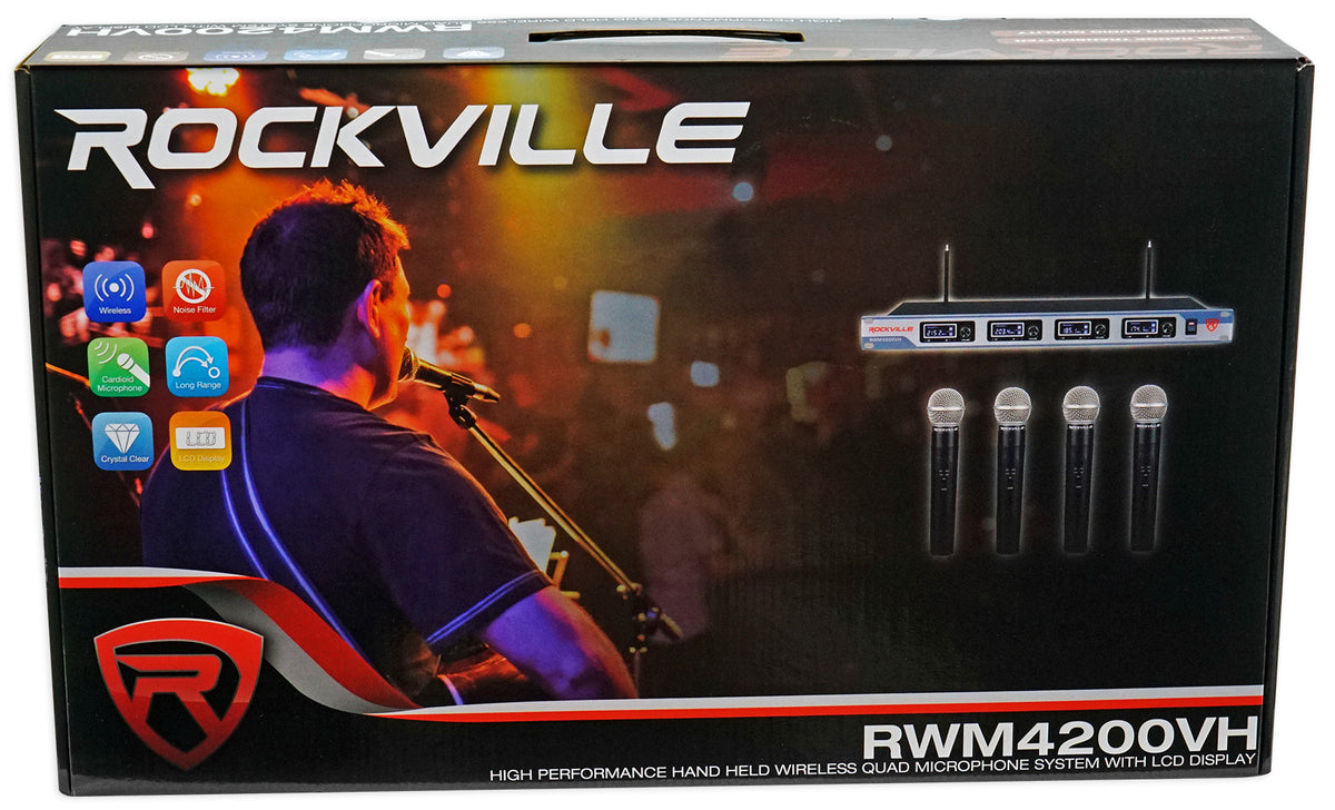 Rockville RWM4200VH VHF Wireless Quad HandHeld Microphone System w LCD Display!