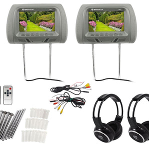 Pair Rockville RHP7-GR 7” Grey TFT-LCD Car Headrest Monitors+2 Wireless Headsets