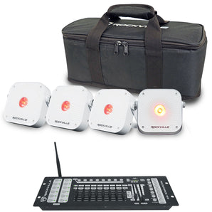 Rockville 4 PACK MINI RF1 V3 White Rechargable RF DJ Wash Lights+Bag+Controller