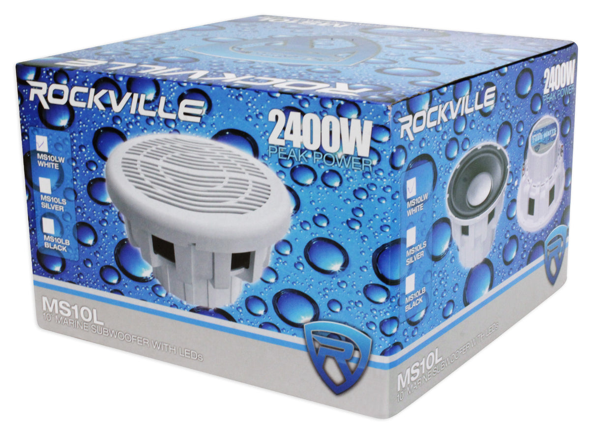 Rockville MS10LW 10" 2400 Watt White Marine/Boat 10" Subwoofer with LED