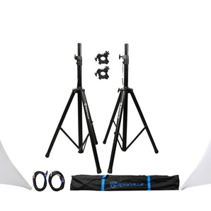 (2) Rockville Speaker Stands + 1/4" Cables + Scrim Werks SWLTPSWHT White Cover