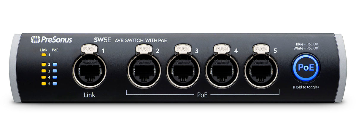 PRESONUS SW5E 5-Port AVB Switch w/ PoE, Rack Mountable, Rugged All-Metal Chassis