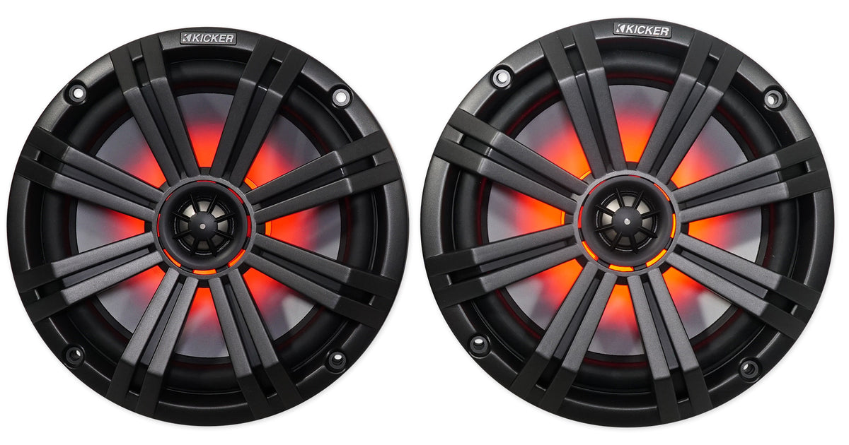(4) 45KM84L 8" 1200W Marine LED Speakers, Polished Silver Pods + Amplifier + Kit
