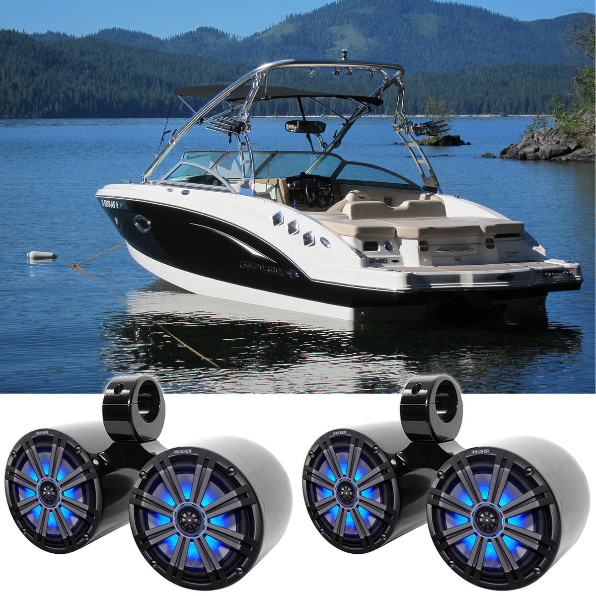 (4) 45KM84L 8" 1200W Marine LED Wakeboard Tower Speakers, Black Pods