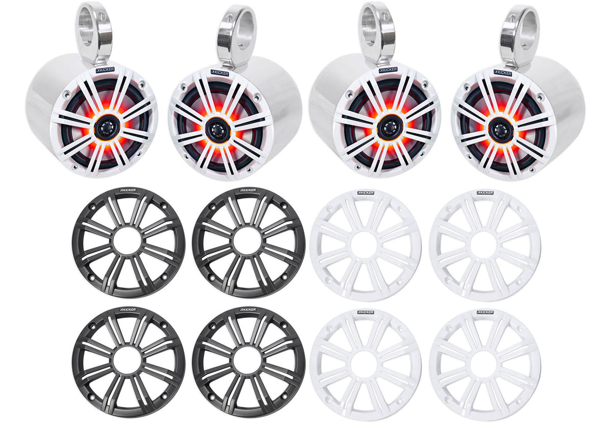 (4) 45KM654L 6.5" 390W Polished Silver LED Marine Wakeboard Tower Boat Speakers