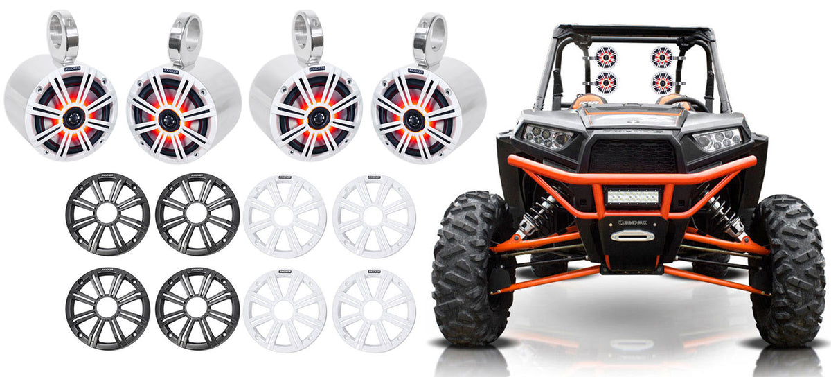 (4) 45KM654L 6.5" 390W Polished Silver LED Tower Speakers for Polaris RZR/ATV/UTV