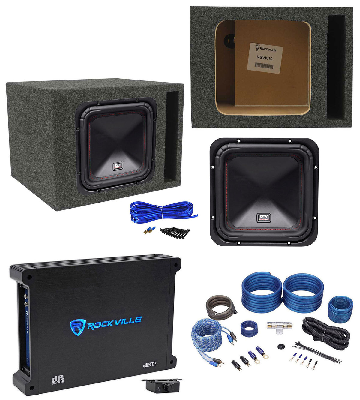 MTX S6510-44 10" 500 Watt RMS Car Subwoofer+Vented Box+Mono Amplifier+Amp Kit