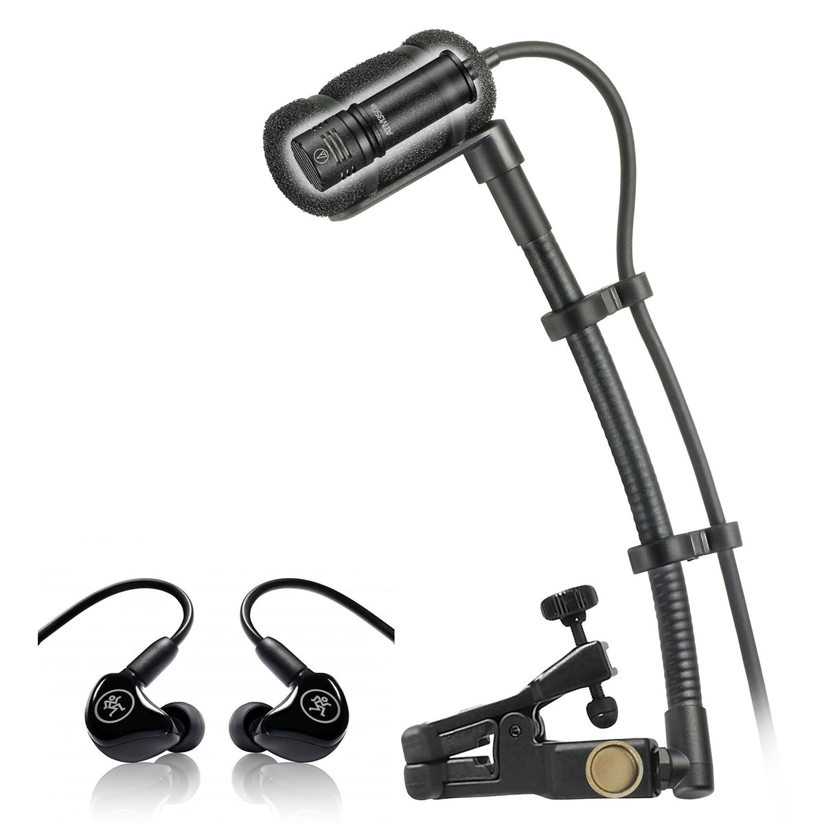 ATM350U Mini Condenser Clip-On Mic + Pair Mackie In-Ear Monitors