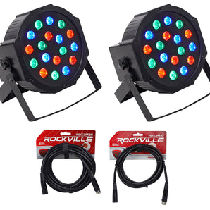 (2) Rockville RockPAR50 LED RGB Compact Par Can DJ/Club DMX Wash Lights+Cables