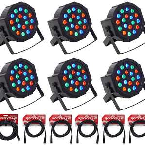 (6) Rockville RockPAR50 LED RGB Compact Par Can DJ/Club DMX Wash Lights+Cables