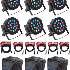 (6) Rockville RockPAR50 LED RGB Par Can DJ/Club DMX Wash Lights+Cables+Bags